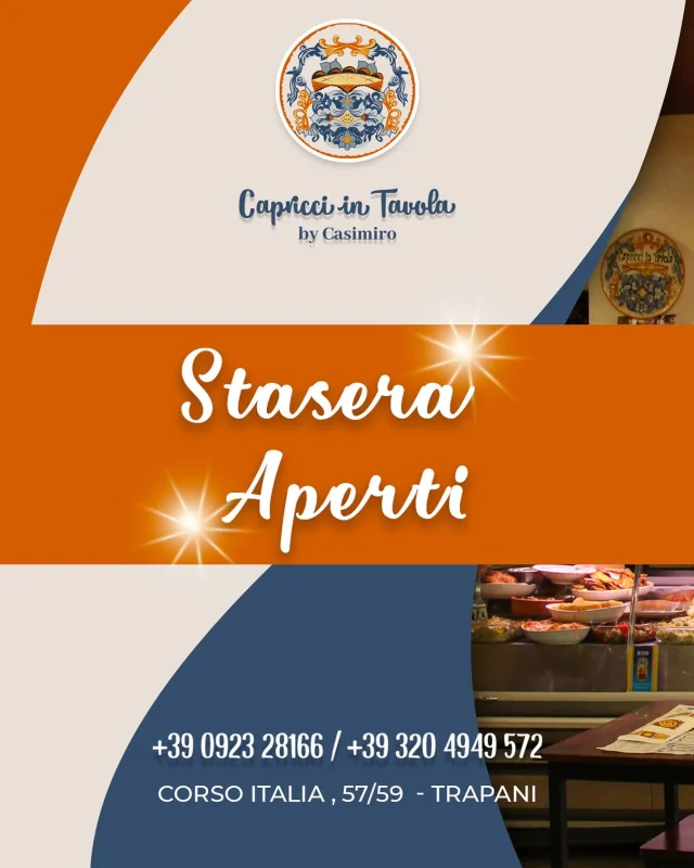 📌 Stasera saremo aperti!
Proprio così, potrete gustare i nostri piatti anche il venerdì sera.

Open dalle 19:30!
Prenota il tuo tavolo:
📞 0923 28166

#capricciintavola #trapani
