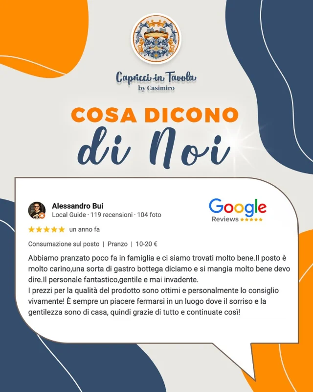 ✨ 𝙄 𝙣𝙤𝙨𝙩𝙧𝙞 𝙘𝙡𝙞𝙚𝙣𝙩𝙞 𝙥𝙖𝙧𝙡𝙖𝙣𝙤 𝙥𝙚𝙧 𝙣𝙤𝙞! ✨
“Atmosfera accogliente, sapori autentici e piatti che sorprendono ad ogni morso.”
Se anche tu hai vissuto questa esperienza da Capricci in Tavola di Casimiro a Trapani, lasciaci una recensione e fai sapere a tutti quanto ti è piaciuto! 🙌

𝙌𝙪𝙖𝙡 𝙚̀ 𝙞𝙡 𝙩𝙪𝙤 𝙥𝙞𝙖𝙩𝙩𝙤 𝙥𝙧𝙚𝙛𝙚𝙧𝙞𝙩𝙤 𝙙𝙖 𝙧𝙖𝙘𝙘𝙤𝙣𝙩𝙖𝙧𝙚?

#capricciintavola #recensioni #trapani #sicilia