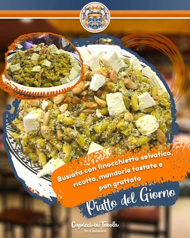 Il Piatto del Giorno ✨
Oggi da Capricci in Tavola trovate le Busiate con finocchietto selvatico, ricotta, mandorle tostate e pan grattato.

Vi aspettiamo qui:
📍 Corso Italia 57-59 - Trapani
📞 0923 28166

#capricciintavola #busiate #piatto #trapani